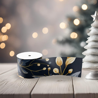 Blue And Gold Christmas Leaves Grosgrain Ribbon