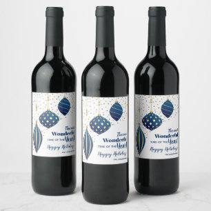 Blue and Gold Christmas Ornaments and Dots Wine Label