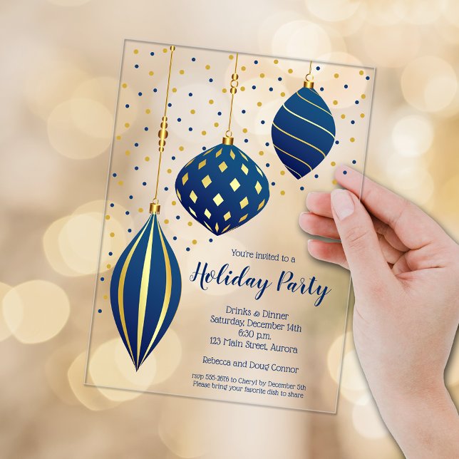 Blue and Gold Christmas Ornaments Holiday Acrylic Invitations (Blue and gold Christmas tree ornaments ACRYLIC party invitations)