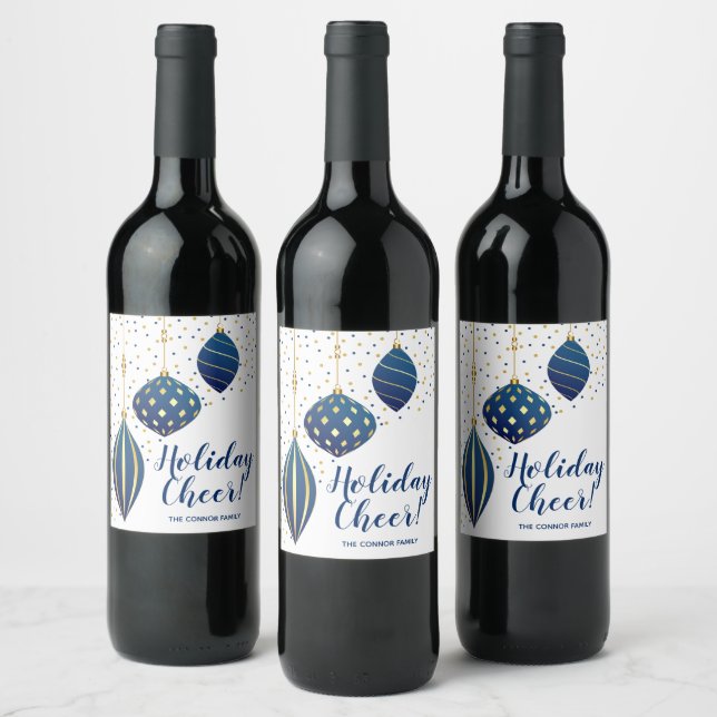 Blue and Gold Christmas Ornaments Holiday Wine Label (Bottles)