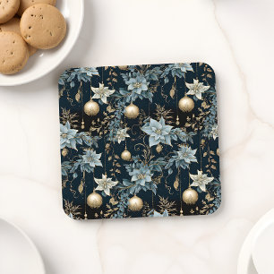 Blue and Gold Christmas Ornaments Poinsettias Beverage Coaster