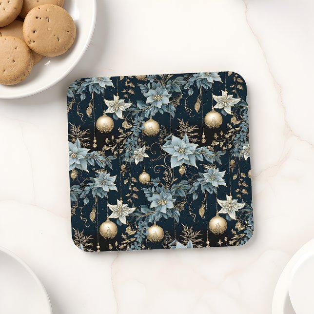 Blue and Gold Christmas Ornaments Poinsettias Beverage Coaster (Creator Uploaded)