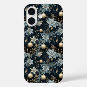 Blue and Gold Christmas Ornaments Poinsettias iPhone 16 Case