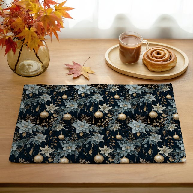 Blue and Gold Christmas Ornaments Poinsettias Cloth Placemat (Creator Uploaded)