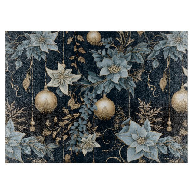Blue and Gold Christmas Ornaments Poinsettias Cutting Board (Front)