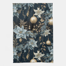 Blue and Gold Christmas Ornaments Poinsettias