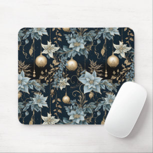 Blue and Gold Christmas Ornaments Poinsettias Mouse Pad