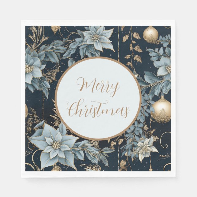 Blue and Gold Christmas Ornaments Poinsettias Napkins (Front)