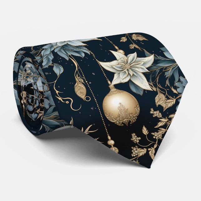 Blue and Gold Christmas Ornaments Poinsettias Neck Tie (Rolled)