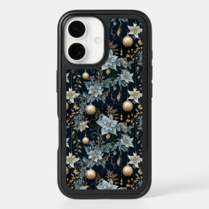 Blue and Gold Christmas Ornaments Poinsettias iPhone 16 Case