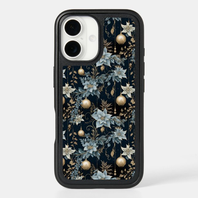 Blue and Gold Christmas Ornaments Poinsettias Otterbox iPhone Case (Back)