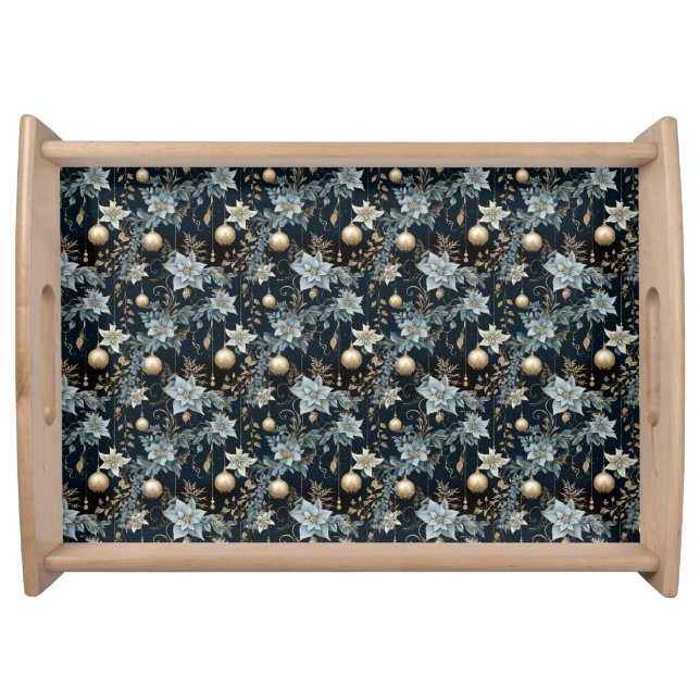 Blue and Gold Christmas Ornaments Poinsettias Serving Tray (Front)