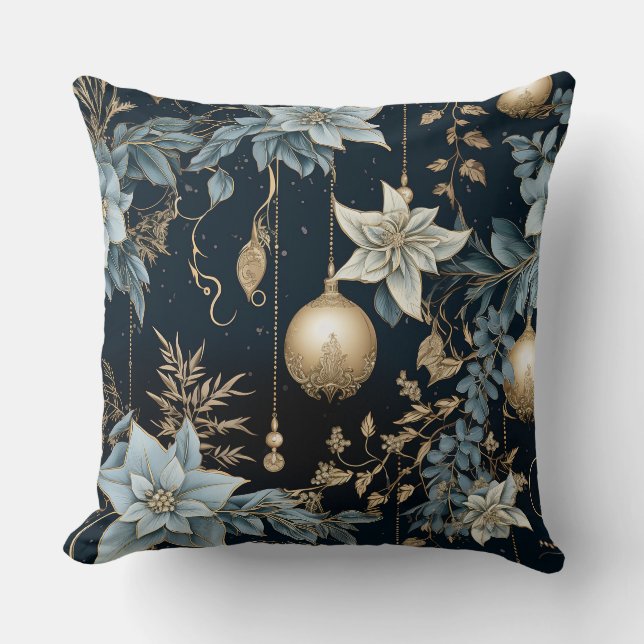 Blue and Gold Christmas Ornaments Poinsettias Throw Pillow (Front)