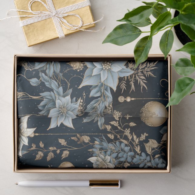 Blue and Gold Christmas Ornaments Poinsettias Tissue Paper (Gift)