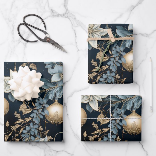 Blue and Gold Christmas Ornaments Poinsettias Wrapping Paper Sheets (Front)