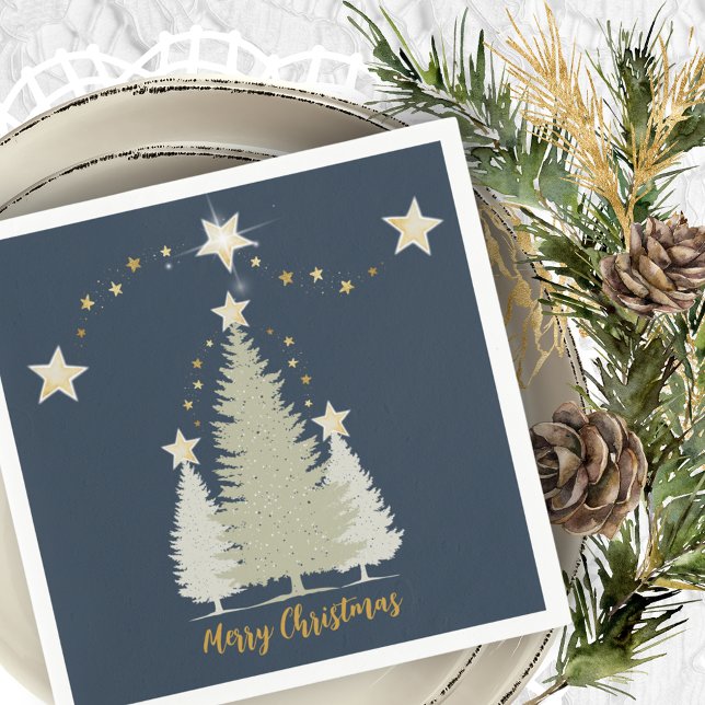 Blue and Gold Christmas Tree and Stars Paper Napkins (Blue and Gold Christmas Tree and Stars Paper Napkins)