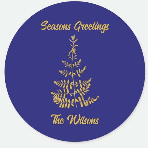 Blue and Gold Christmas Tree with Name Classic Round Sticker