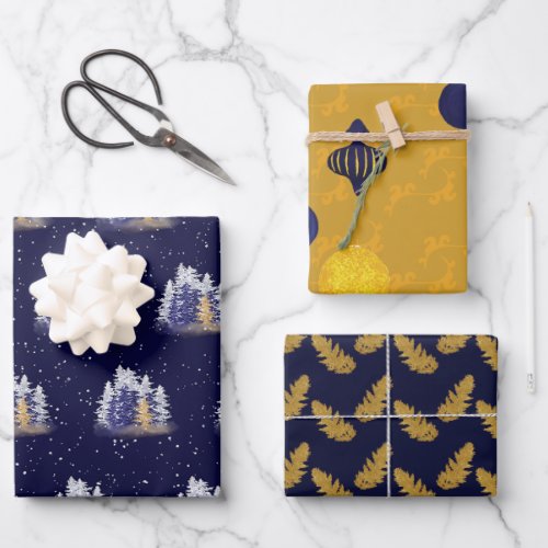 Blue and Gold Christmas Trees and Ornaments Wrapping Paper Sheets