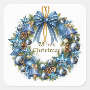 Blue and Gold Christmas Wreath Square Sticker