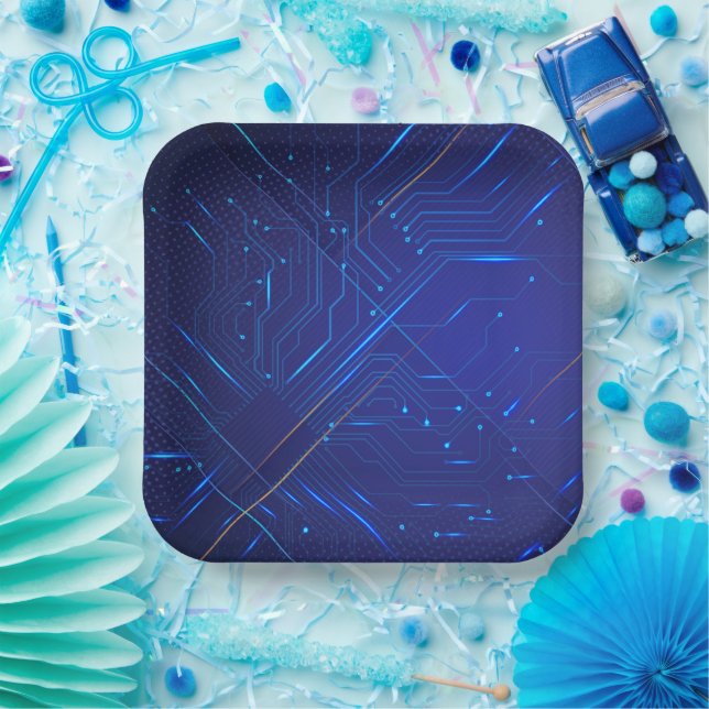 Blue and Gold Circuit Pattern Paper Plates (Party)