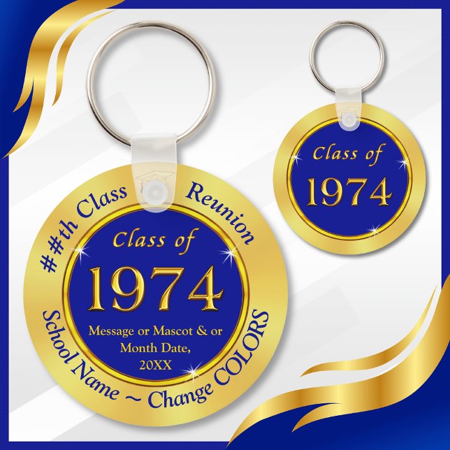 Blue and Gold, Class of 1974, Reunion Party Favors Keychain (Class of 1974 ideas. 50th reunion keychains are great, 50th high school reunion favors. Blue Gold.)