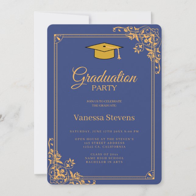 Blue And Gold Classic Graduation Cap Party  Invitation (Front)