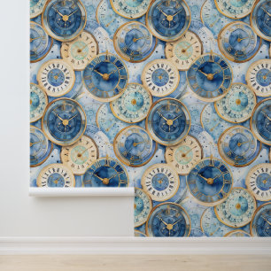 Blue and Gold Clock Pattern Wallpaper