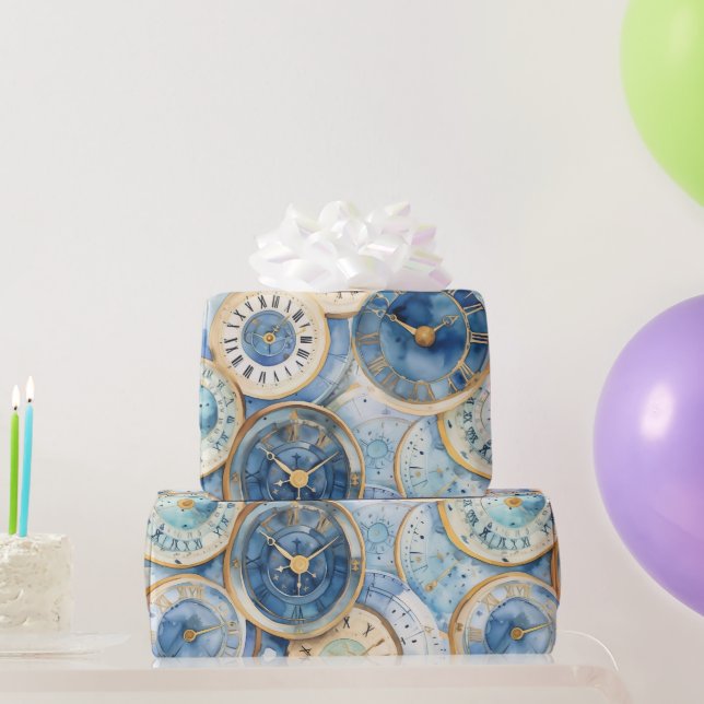 Blue and Gold Clock Pattern Wrapping Paper (Party Gifts)