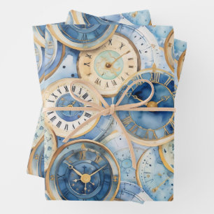 Blue and Gold Clock Pattern Wrapping Paper Sheets