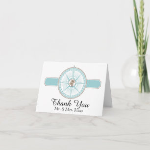 Blue and Gold Compass Rose Beach Wedding Thank You Card