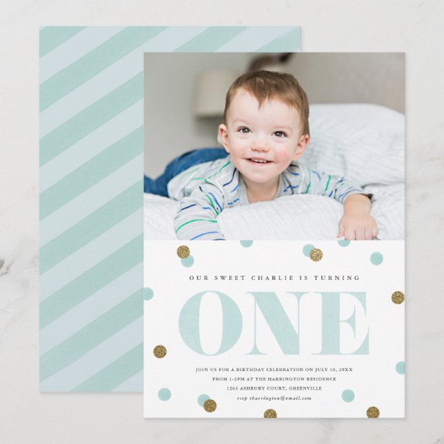 Blue and gold confetti first birthday party photo invitation (Front/Back)