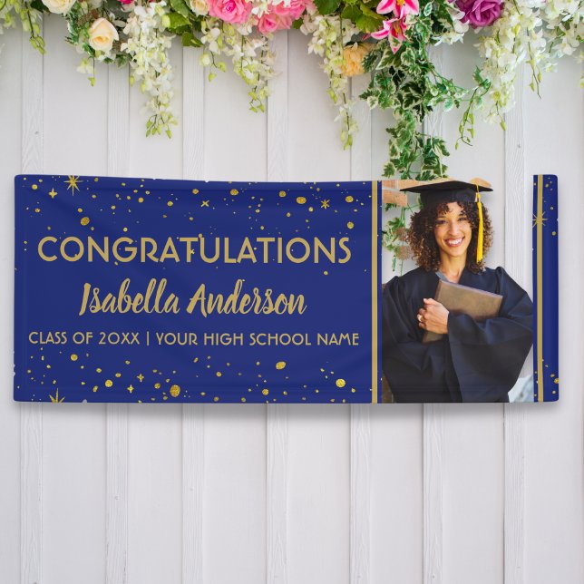Blue And Gold Confetti Grad Photo Graduation 2023 Banner (Creator Uploaded)