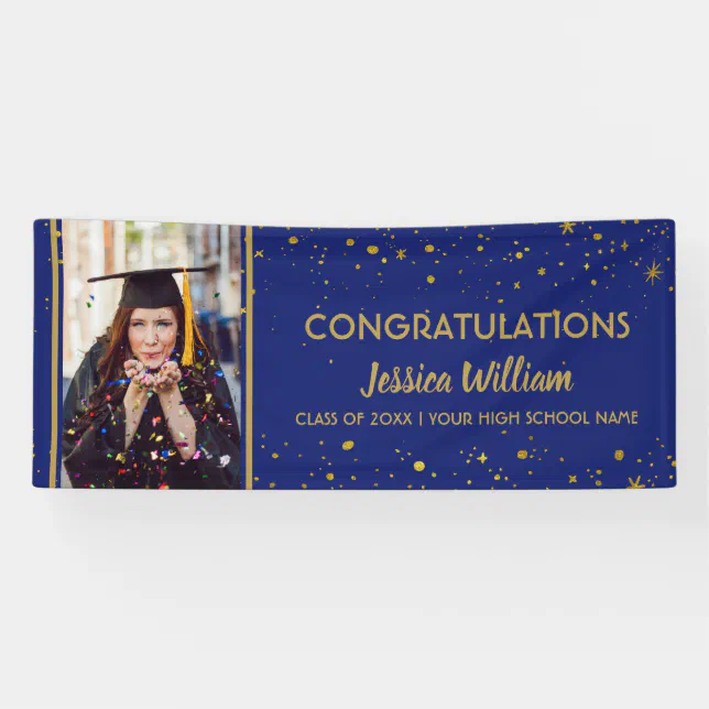 Blue And Gold Confetti Graduate Photo Graduation Banner | Zazzle