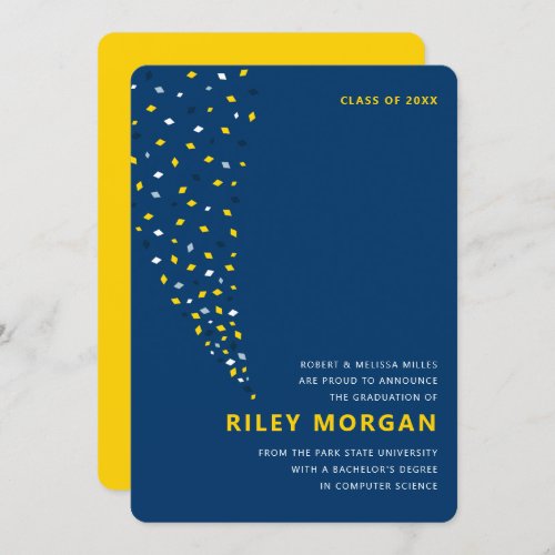 Blue and gold confetti graduation announcement