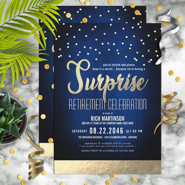 Blue and Gold Confetti Surprise Retirement Party Invitation | Zazzle