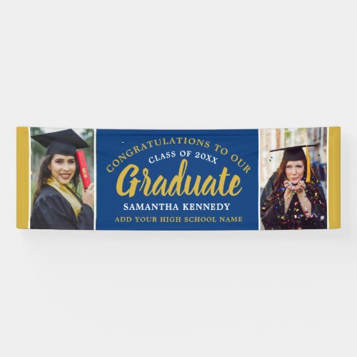 Blue And Gold Congrats Grad 2 Photo Graduation Banner