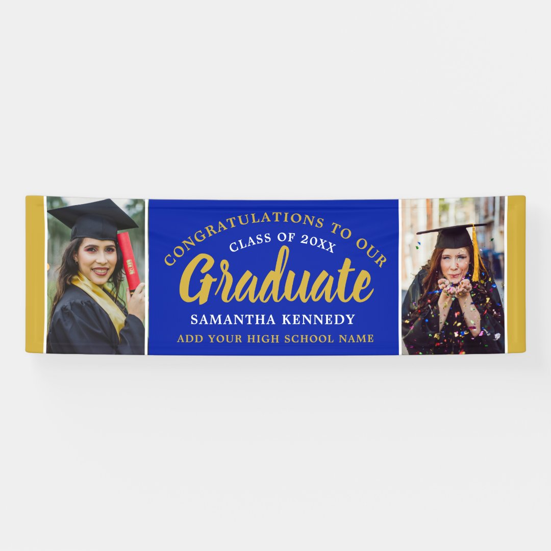 Blue And Gold Congrats Grad Two Photo Graduation Banner | Zazzle