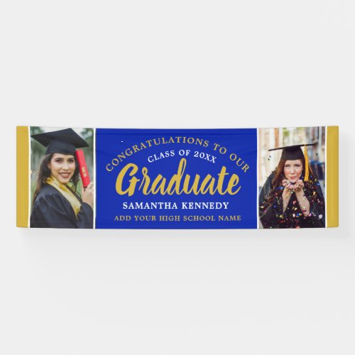 Blue And Gold Congrats Grad Two Photo Graduation Banner