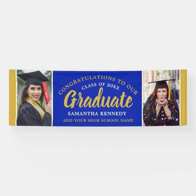 Blue And Gold Congrats Grad Two Photo Graduation Banner (Horizontal)