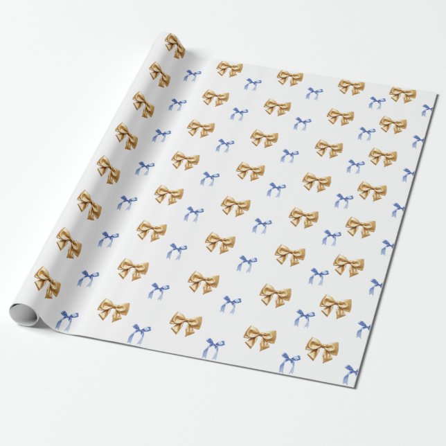 Blue and Gold Coquette Bow Wrapping Paper (Unrolled)