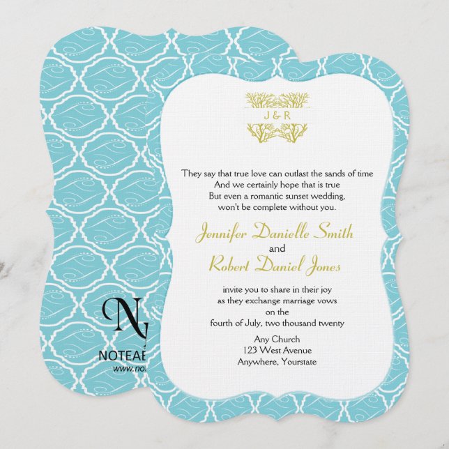 Blue and Gold Coral Rose Beach Wedding Invitation (Front/Back)