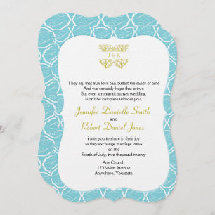 Blue and Gold Coral Rose Beach Wedding Invitation