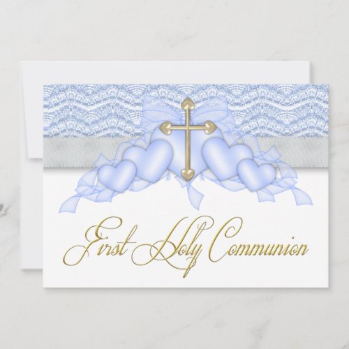 Blue and Gold Cross Boys First Communion Custom Invitation