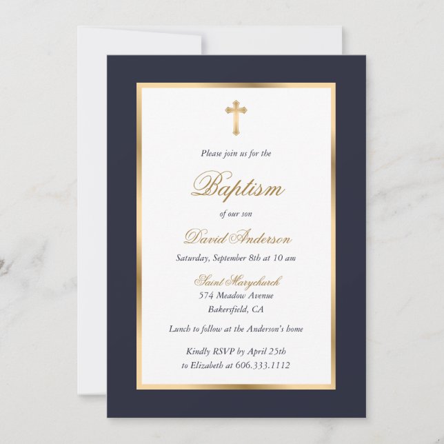 Blue and Gold Cross Elegant Script Baptism Invitation (Front)