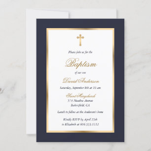 Blue and Gold Cross Elegant Script Baptism Invitation