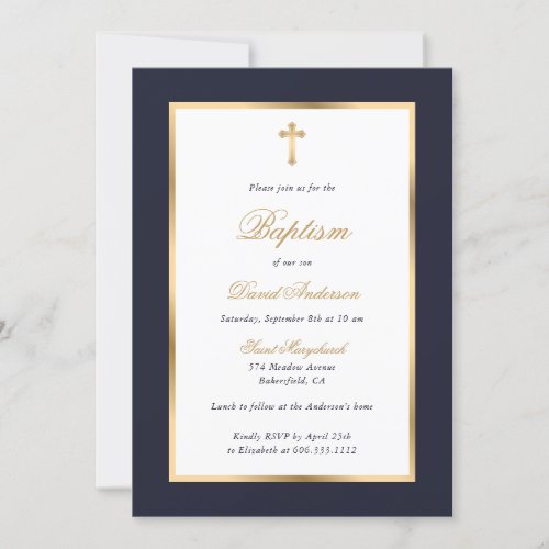 Blue and Gold Cross Elegant Script Baptism Invitation