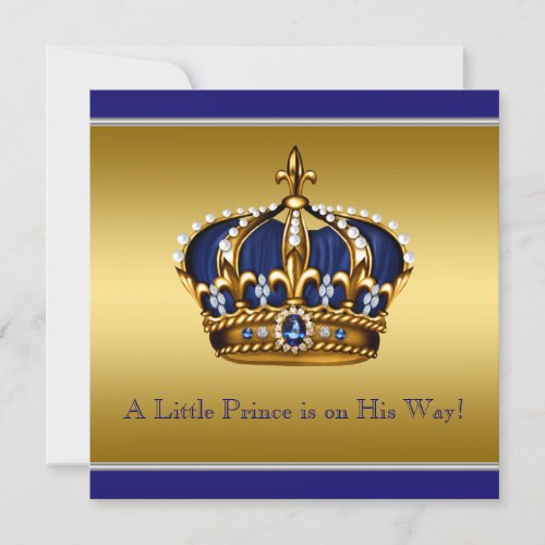 Blue and Gold Crown Little Prince Baby Shower Invitation