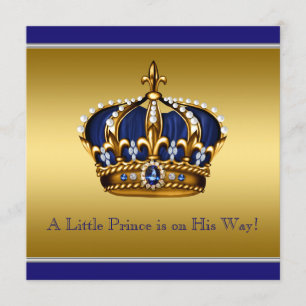 Blue and Gold Crown Little Prince Baby Shower Invitation