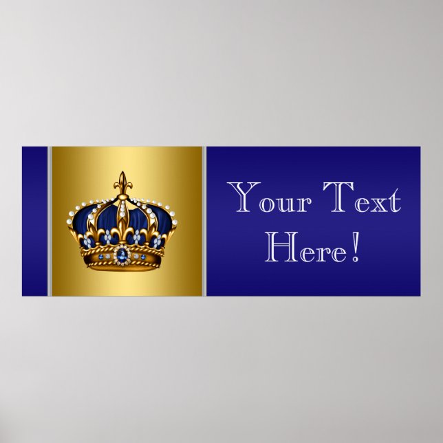 Blue and Gold Crown Prince Baby Shower Banner Poster (Front)