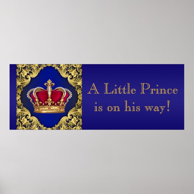Blue and Gold Crown Prince Baby Shower Banner Poster (Front)